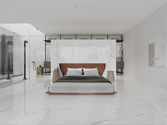 شراء المقاومة للحمض الكاريرا البيضاء الملمعة الحديثة 1420x2700mm الأرضيات الداخلية الملمعة الحجر الصخري للنوم التصنيع عبر الإنترنت