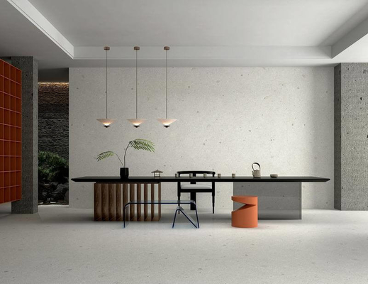 الأرضيات الداخلية 1200x1200x9mm بلاط صديق للبيئة واللون الرمادي الخفيف W.A 0.5% Terrazzo بلاط البورسلين الناعم الزجاجي للمنزل والمكتب