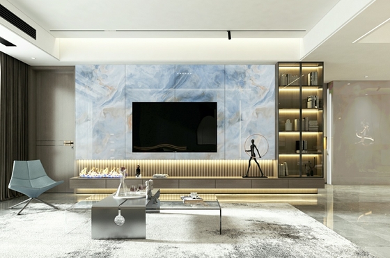 مقاومة للرطوبة 900x1800x9mm مقاومة للاستعمال داخل الأرضية الأزرق الأبيض الزجاج البورسلين الملمع البورسلين للزخرفة
